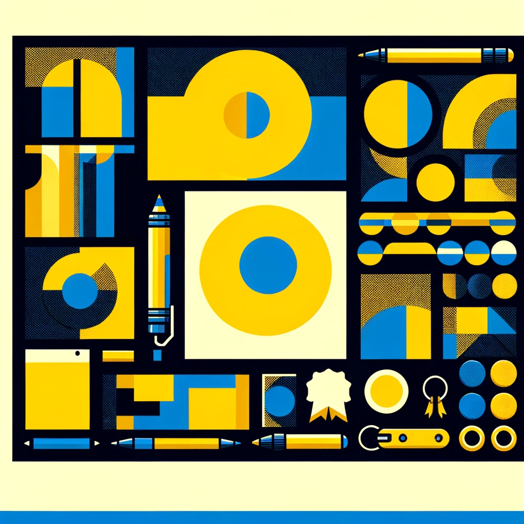 DALL·E 2024-02-14 14.12.04 - Create a simplified image representing a promotional kit using only shades of yellow and blue, without any black or other colors. The design should co